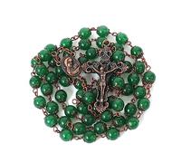 Collar Rosario con Cuentas de Piedra Natural Diseño de Cobre Antiguo Medalla y Cruz de Tierra Santa en Bolsa de Terciopelo - Colección Terra Santa Jerusalén (Verde jade)