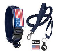 Collar táctico para perro y correa elástica, collar militar para perro y correa con bandera estadounidense ajustable K9 con hebilla y asa de metal resistente, con parches y funda para Airtags (azul,
