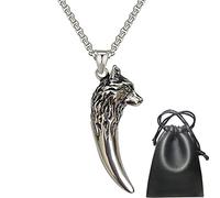 Collar Vikingo con Colgante de Cabeza Lobo Celta, Joyería de Acero Inoxidable con Diente Lobo Odín, Regalo de Amuleto Punk Vintage Nórdico, Cadena de 60 Cm para Hombres y Mujeres