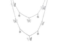 Collar vintage de doble hilera con colgante de mariposa de plata para niña mujer, boho múltiples filas, 2 filas collar de mariposa retro gargantilla cadena joyería de moda novia madre regalos