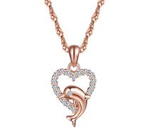 Collar Yumilok Jewelry con colgante en forma de delfín y corazón, plata de ley 925 bañada en oro rosa, circonitas cúbicas, ideal tanto para mujeres como para niñas