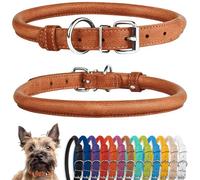 CollarDirect Collar de perro de cuero enrollado, collar de cachorro redondo acolchado suave, collar de cuero genuino hecho a mano para perros pequeños y grandes collares para gatos 13 colores (7-8 pulgadas, textura marrón)
