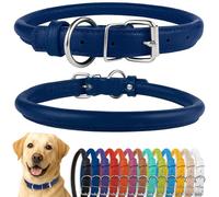 CollarDirect Collar de perro de cuero enrollado, collar de cachorro redondo acolchado suave, collar de cuero genuino hecho a mano para perros pequeños y grandes collares para gatos 13 colores (16-18 pulgadas, textura azul oscuro)