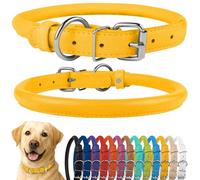 CollarDirect Collar de perro de cuero enrollado, collar de cachorro redondo acolchado suave, collar de cuero genuino hecho a mano para perros pequeños y grandes collares para gatos 13 colores (18-21 pulgadas, textura amarilla)