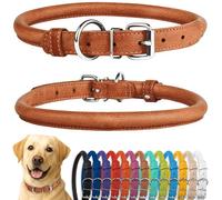 CollarDirect Collar de perro de cuero enrollado, collar de cachorro redondo acolchado suave, collar de cuero genuino hecho a mano para perros pequeños y grandes collares para gatos 13 colores (16-18 pulgadas, textura marrón)