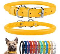 CollarDirect Collar de perro de cuero enrollado, collar de cachorro redondo acolchado suave, collar de cuero genuino hecho a mano para perros pequeños y grandes collares para gatos 13 colores (8-11 pulgadas, textura amarilla)