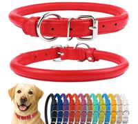 CollarDirect Collar de perro de cuero enrollado, collar de cachorro redondo acolchado suave, collar de cuero genuino hecho a mano para perros pequeños y grandes collares para gatos 13 colores (16-18 pulgadas, textura roja)