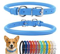 CollarDirect Collar de perro de cuero enrollado, collar de cachorro redondo acolchado suave, collar de cuero genuino hecho a mano para perros pequeños y grandes collares para gatos 13 colores (14-16 pulgadas, textura azul)