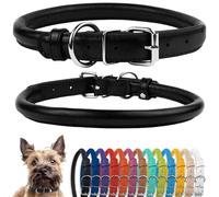 CollarDirect Collar de perro de cuero enrollado, collar de cachorro redondo acolchado suave, collar de cuero genuino hecho a mano para perros pequeños y grandes collares para gatos 13 colores (7-8 pulgadas, textura negra)