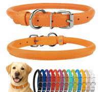 CollarDirect Collar de perro de cuero enrollado, collar de cachorro redondo acolchado suave, collar de cuero genuino hecho a mano para perros pequeños y grandes collares para gatos 13 colores (18-21 pulgadas, textura naranja)