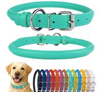 CollarDirect Collar de perro de cuero enrollado, collar de cachorro redondo acolchado suave, collar de cuero genuino hecho a mano para perros pequeños y grandes collares para gatos 13 colores (16-18 pulgadas, textura verde menta)