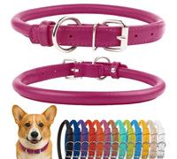 CollarDirect Collar de perro de cuero enrollado, collar de cachorro redondo acolchado suave, collar de cuero genuino hecho a mano para perros pequeños y grandes collares para gatos 13 colores (11-14 pulgadas, textura rosa)