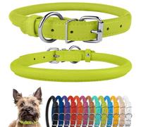 CollarDirect Collar de perro de cuero enrollado, collar de cachorro redondo acolchado suave, collar de cuero genuino hecho a mano para perros pequeños y grandes collares para gatos 13 colores (6-7 pulgadas, textura verde lima)