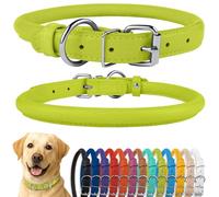 CollarDirect Collar de perro de cuero enrollado, collar de cachorro redondo acolchado suave, collar de cuero genuino hecho a mano para perros pequeños y grandes collares para gatos 13 colores (18-21 pulgadas, textura verde lima)