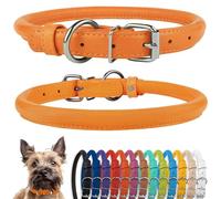 CollarDirect Collar de perro de cuero enrollado, collar de cachorro redondo acolchado suave, collar de cuero genuino hecho a mano para perros pequeños y grandes collares para gatos 13 colores (7-8 pulgadas, textura naranja)