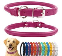 CollarDirect Collar de perro de cuero enrollado, collar de cachorro redondo acolchado suave, collar de cuero genuino hecho a mano para perros pequeños y grandes collares para gatos 13 colores (18-21 pulgadas, textura rosa)