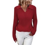 Collared Sweater Top for Women Long Sleeve Ribbed Knit Slim Fit Pullover (Red,M)