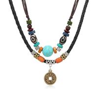 Collares bohemios para mujer, gargantilla de cuentas de madera en capas occidentales, collar trenzado vintage de monedas de cobre de la suerte, collar de cuerda de cuero ajustable, joyería de vestir