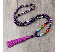 Collares de cuentas de rayas moradas de la suerte con borlas para curación de 7 chakras, collar anudado hecho a mano, meditación, yoga, bendición, joyería de espíritu, 7 chakras
