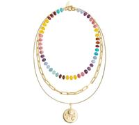 Collares de oro en capas para mujer de 3 capas de acero inoxidable con colgante de perlas, chapado en oro de 18 quilates, joyería sin deslustre para uso diario, L, Acero inoxidable, Ágata