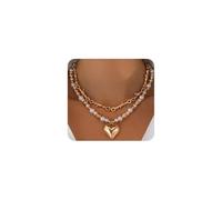 Collares en capas de corazón para mujer, collar con colgante de corazón hinchado dorado con cuentas de perlas, collar de moda con declaración de amor, joyería de regalo, L, Acero aleado, No es una