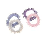 COLLBATH 4 Lazos Elásticos Cabello de Piel Sintética Cuentas de Gemas de Imitación Cuadrados, Suaves y Peludos, Colores Morado, Rosa, Gris y Azul, Coleteros Que No Dañan el Cabello