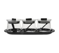 COLLBATH Frascos para Condimentos de Cocina Material Pp y Vidrio de Soda 3 Piezas Set con Diseño Transparente Incluye Cucharas y Bandeja, Fácil de Limpiar
