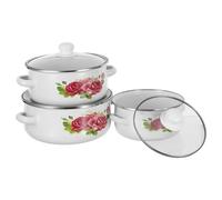 COLLBATH Juego de Ollas Esmaltadas Retro con Doble Asa y Tapa de Vidrio 3 Piezas 16/18/20 CM Olla Esmaltada Blanca con Motivos Apta para Inducción y Cocción de Sopas y Guisos