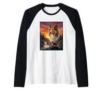 Collie Perro Amante Vintage Atardecer Bosque Naturaleza Pais Camiseta Manga Raglan