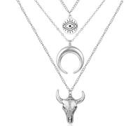 Collier bohème multicouche unisexe pour femme, pendentif croissant de lune avec chaîne mauvais œil, collier tête de taureau, alliage