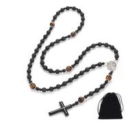 Collier chapelet catholique homme femme croix, collier chapelet en pierre naturelle, collier en roche volcanique et obsidienne, pour chrétiens catholiques Communion religieuse, baptême, messe, Bible
