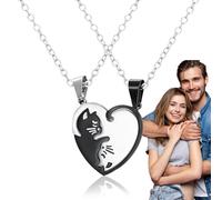 Collier Couple,Bijou Chat et Cœur - Bijou Mignon en Acier le C nnivers Saint-Valentin pour Petit Ami