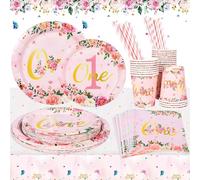 colmanda 121 Piezas Juego de Vajilla de Fiesta, Vajilla Rosa Flores Party Supplies para 1 Cumpleaños para Niña, Baby Shower Fiesta de Cumpleaños, Platos y Vasos para Cumpleaños Sirve 24 Invitados