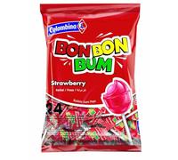 Colombina - Bon Bon Bum- Chupetines - Caramelos Duros- Con Relleno de Chicle Sabor Fresa - 24 unidades en la bolsa