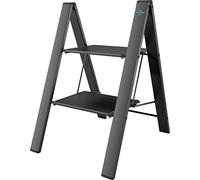 Colombo Escalera Plegable de Aluminio Leonardo | Escalera de 2 peldaños Negra, Robusta con peldaños extragrandes 33 x 26 cm Antideslizante, diseño Moderno, Carga 150 kg | Conforme EN131 TÜV-GS | Made