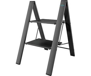 Colombo Escalera Plegable de Aluminio Leonardo | Escalera de 2 peldaños Negra, Robusta con peldaños extragrandes 33 x 26 cm Antideslizante, diseño Moderno, Carga 150 kg | Conforme EN131 TÜV-GS | Made