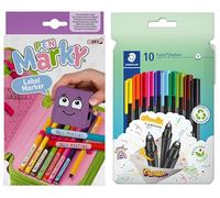 COLOP Pen Marky - Juego de rotuladores con tinta negra para escribir bolígrafos y utensilios escolares, incluye 10 rotuladores Staedtler triplus Fineliner 334, punta triangular, punta superfina, aprox