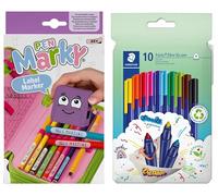 COLOP Pen Marky - Juego de rotuladores con tinta negra para escribir en bolígrafos y utensilios escolares, incluye 10 rotuladores Staedtler triplus color 323, punta triangular, resistente a la