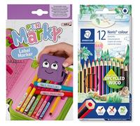 COLOP Pen Marky - Juego de rotuladores de tinta negra para escribir bolígrafos y utensilios escolares, incluye 12 lápices de colores Staedtler, Noris colour 185, hexagonal, fabricado en madera