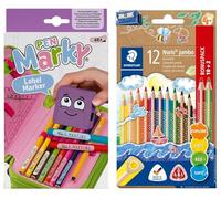 COLOP Pen MARKY - Juego de rotuladores de tinta negra para rotulador y utensilios escolares, incluye 12 lápices de colores Staedtler, Noris jumbo 128, formato triangular ergonómico, mayor resistencia