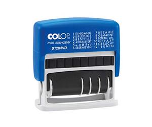 Colop S120/WD - Sello fechador con texto (altura de las cifras: 4 mm, 12 palabras en alemán, tinta roja o azul)