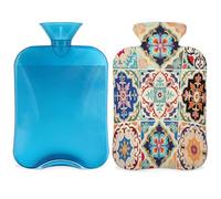 Color Boho - Botella de agua caliente de azulejos de cerámica con funda, bolsa de agua caliente de 2 litros para aliviar el dolor, cuello suave y hombros, calentador de pies de mano, compresa fría y