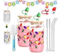 Color Changing Christmas Cup, Cute Color Changing Glass Cup with Leakproof Lid & Straw, Change Colors when Exposed to Cold, Reusable Travel Mug for Iced Coffee, Cold Drinks, Xmas Gift (2PCS,380ml)