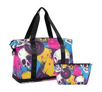 Color Record Rock Skull - Bolsa de viaje grande para fin de semana con correa ajustable para deportes, impermeable, Color record Rock Skull, 1 size