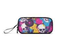 Color Record Rock Skull - Estuche grande de nailon para lápices, gran capacidad, con cremallera, bolsa de papelería para adolescentes universitarios