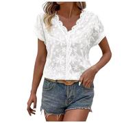 , Color sólido, bordado, informal, cuello en V, encaje, patchwork camiseta, camiseta de dormir, Blanco, S