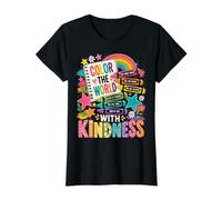 Color The World with Kindness Teacher Back To School Camiseta gráfica económica, Mujer, Negro, S