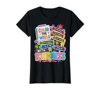 Color The World with Kindness Teacher Back To School Camiseta gráfica económica, Mujer, Negro, S