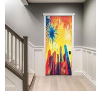 Color Vinilo Puerta 3D Autoadhesivo 77 x 200 cm, Pegatina Impermeable y Removible Mural Decorativo Ola De Paisaje Urbano Cómico Adhesivo de Puerta para Salón Baño Decoración del Hogar
