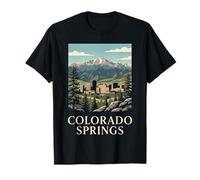 Colorado Springs Montaña Horizonte Retro Picos Bosque Ciudad Camiseta